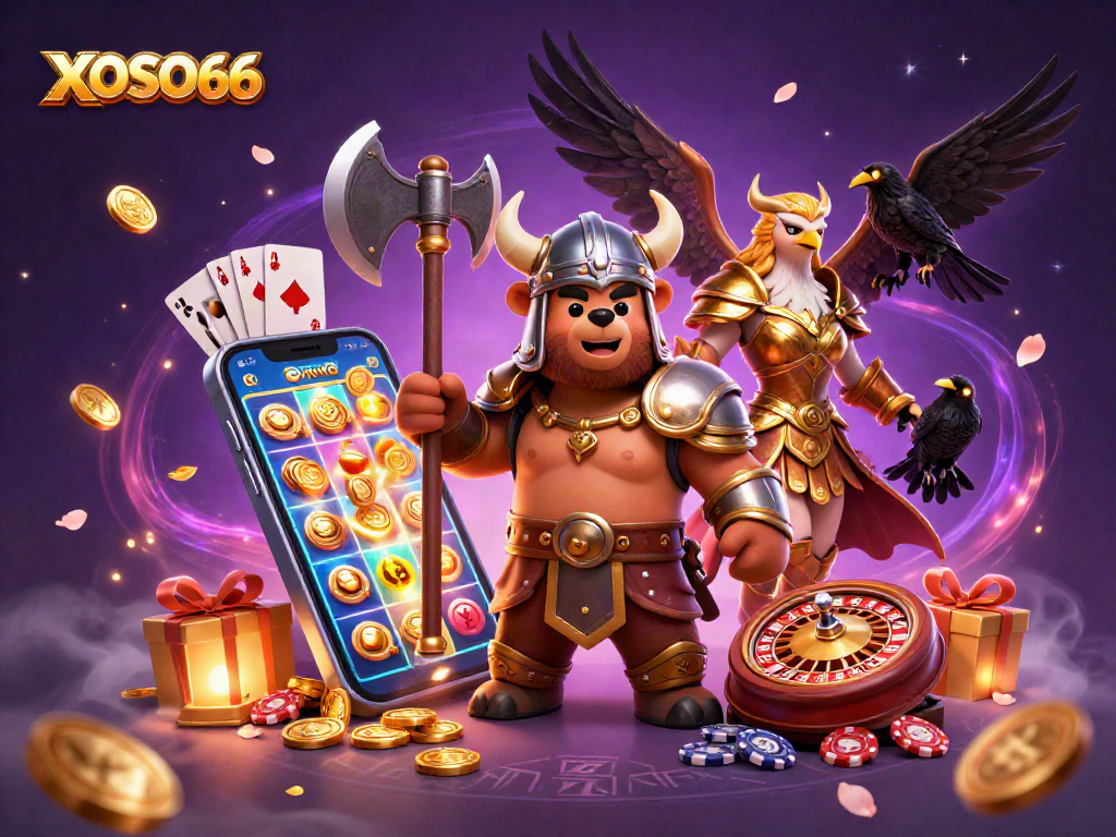 XOSO66 Viking bear and Valkyrie eagle enthralled in vibrant slot gaming action.