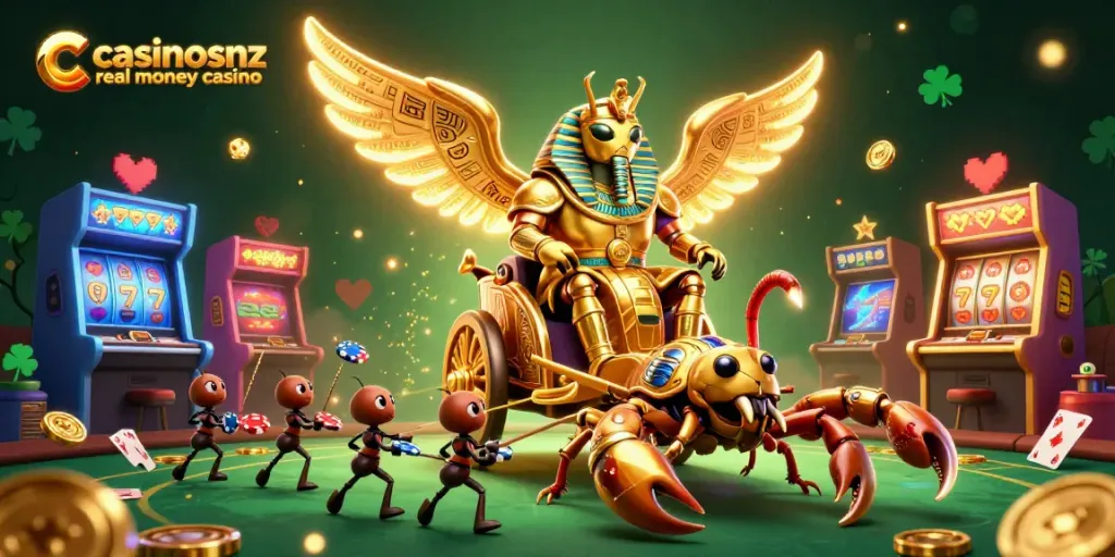 Experience vibrant gameplay at casinosnz real money casino with stunning 3D illustration featuring dynamic characters.