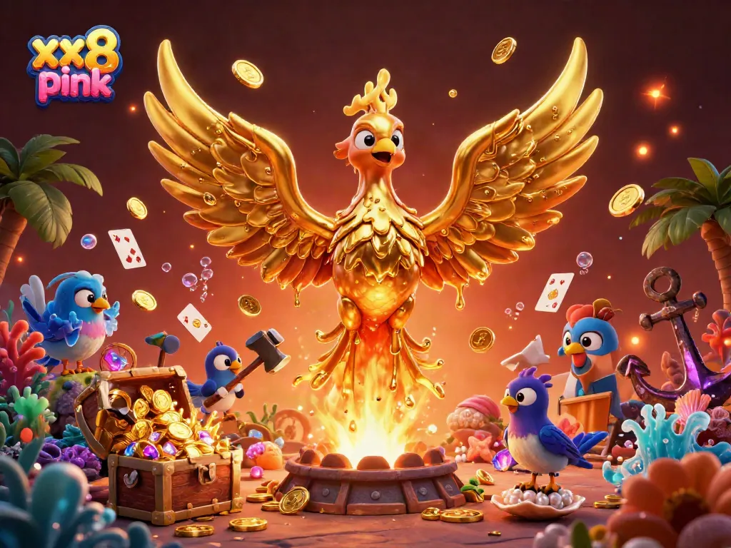 Engage in thrilling gaming with xx8 pink, where a phoenix of gold emerges amidst treasures and excitement.