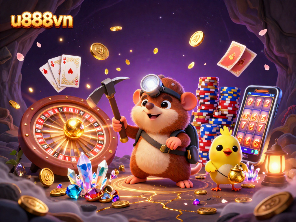 Experience thrilling wins with u888vn as adventurous characters mine treasures through gold and gems.