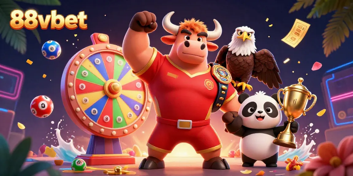 Experience the thrill of 88vbet with winning characters and dynamic gaming elements illustrated in a vibrant casino scene.