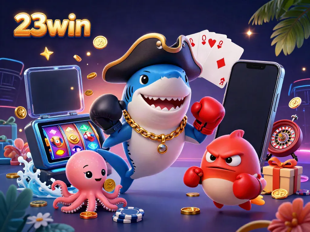 Immerse yourself in the excitement of 23win with a playful pirate shark, a boxing pufferfish, and a treasure-holding octopus amidst a vibrant casino scene