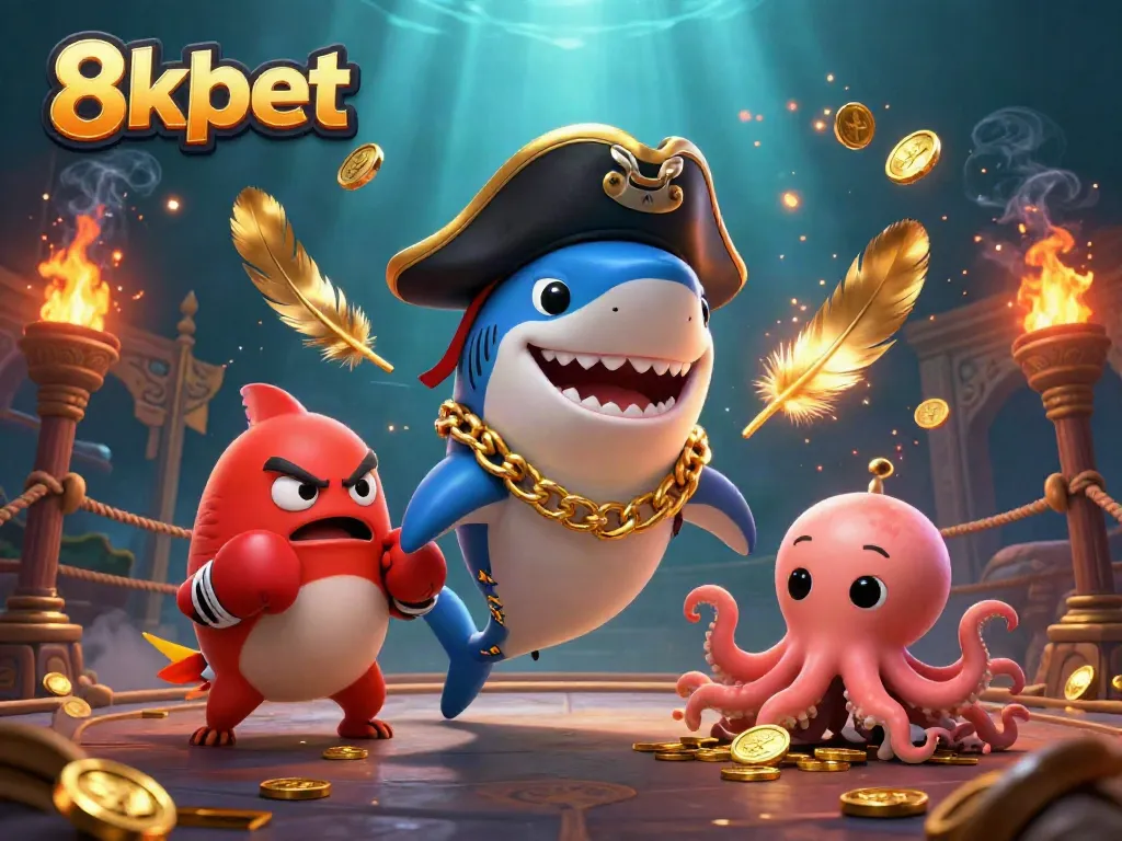 Join the excitement of 8xbet with a dynamic scene featuring underwater characters and casino elements.