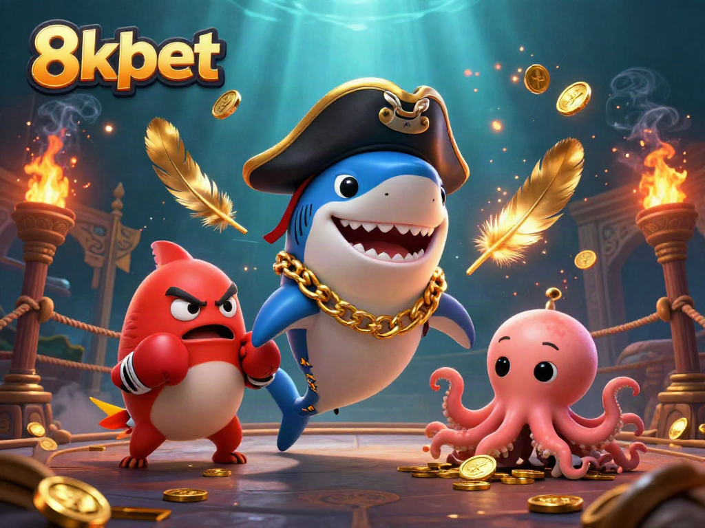 Join the excitement of 8xbet with a dynamic scene featuring underwater characters and casino elements.