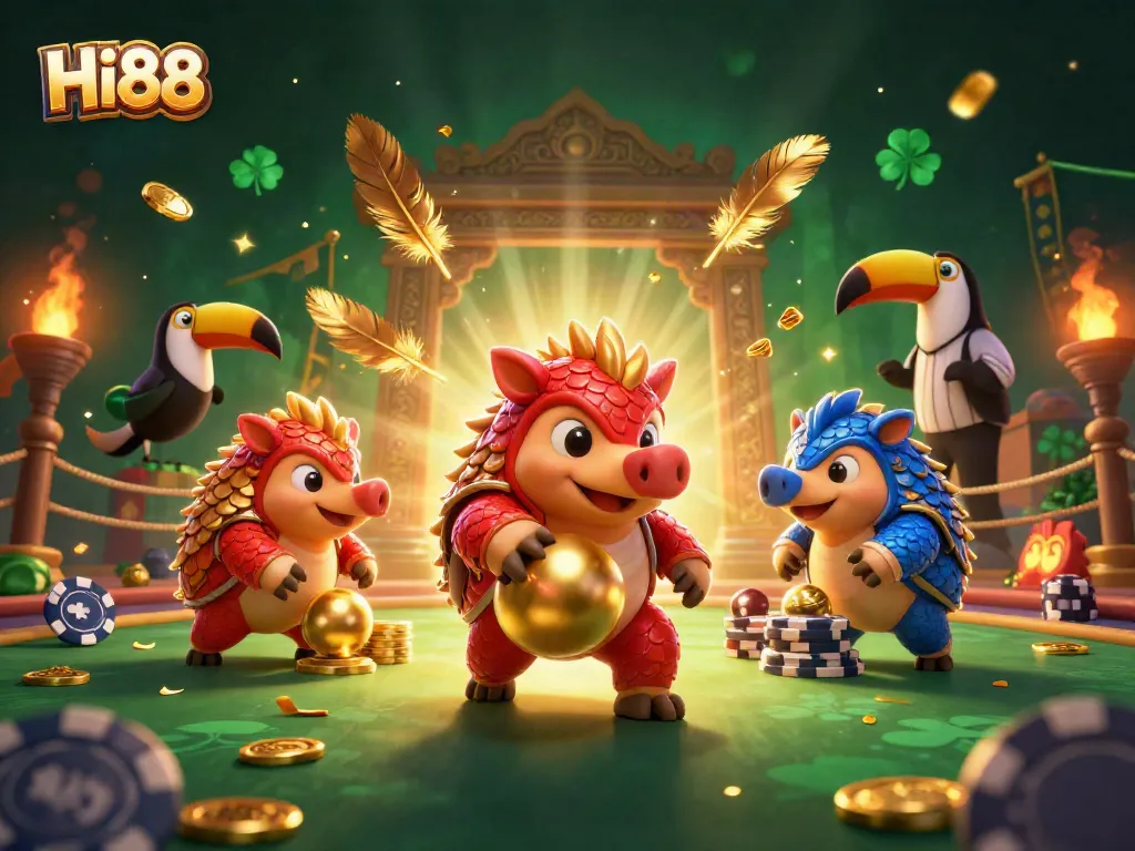 Experience thrilling moments at Hi88 with competitive pangolins rolling poker chips in this vibrant casino scene.