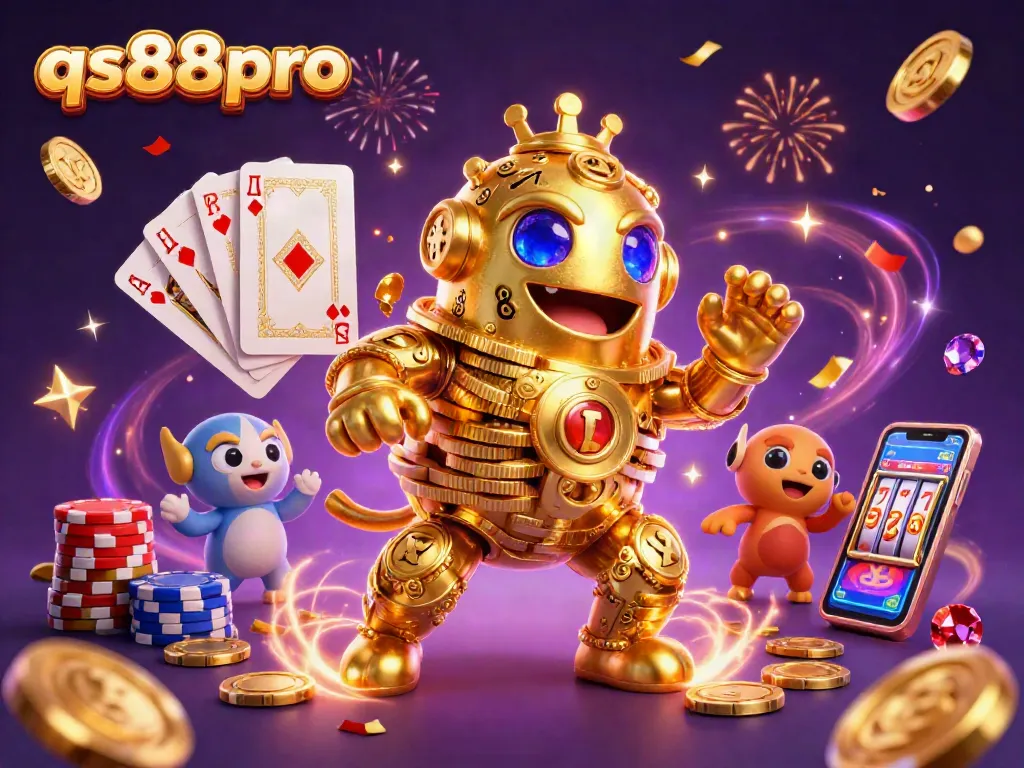 Spin the reels at qs88pro with gold coin sprites and a dazzling golden golem in a festive casino scene.