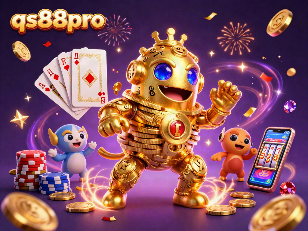 Spin the reels at qs88pro with gold coin sprites and a dazzling golden golem in a festive casino scene.