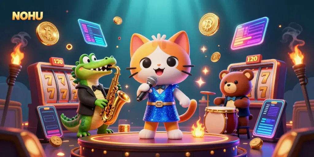 Experience the engaging world of NOHU with a vibrant casino scene featuring lively animated characters and gaming elements.