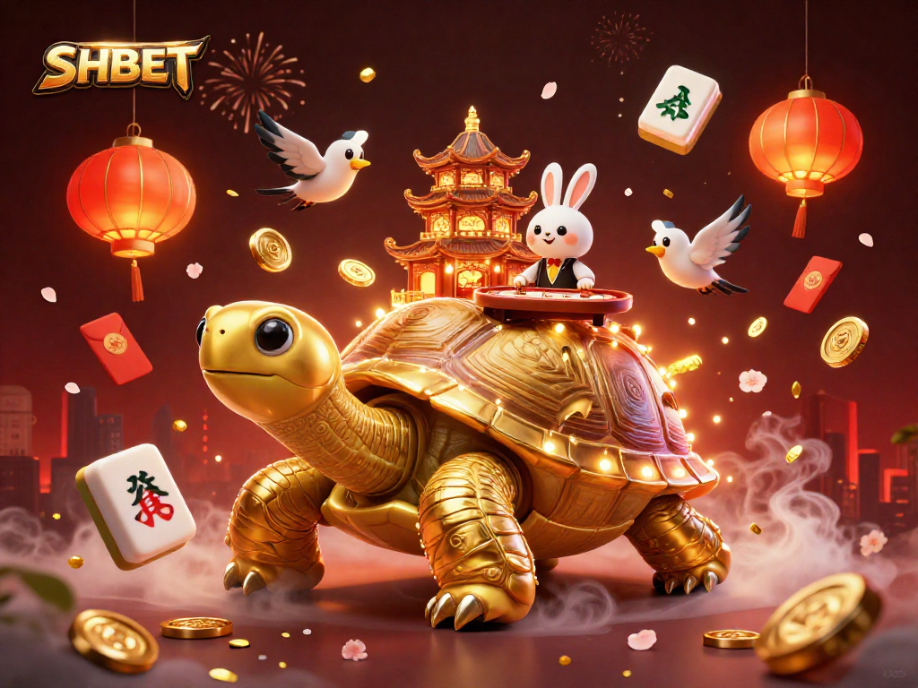 SHBET reveals a vibrant 3D fantasy scene with a golden tortoise casino, enhancing excitement for gamblers.