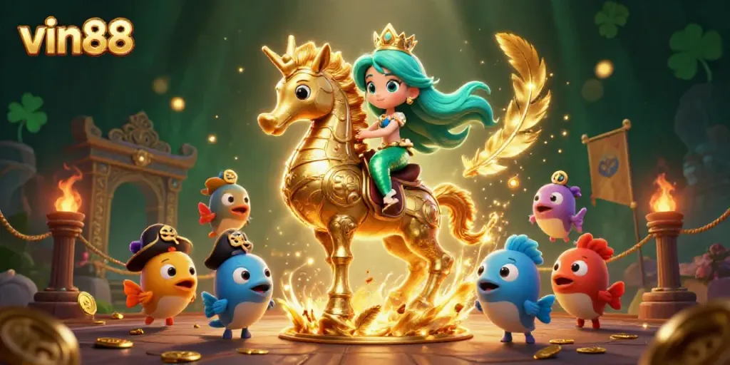 Experience thrilling vin88 adventures with a mermaid princess and seahorse in a vibrant casino scene.