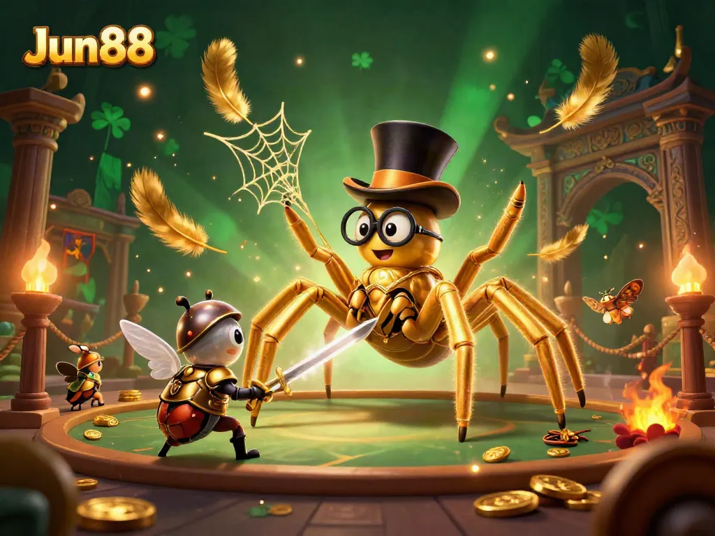 Experience thrilling moments at Jun88, as a golden tarantula weaves magic among casino pillars.
