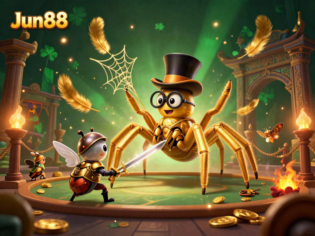 Experience thrilling moments at Jun88, as a golden tarantula weaves magic among casino pillars.