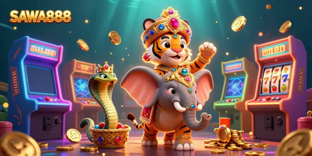 Engage in thrilling gameplay at SAWA888, featuring a vibrant casino scene with slot elements and a royal theme.