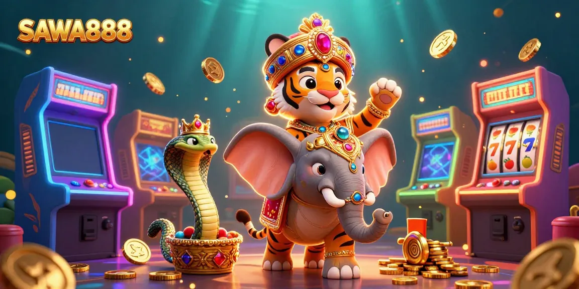 Engage in thrilling gameplay at SAWA888, featuring a vibrant casino scene with slot elements and a royal theme.