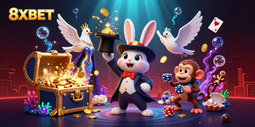 8XBET magician rabbit pulling coins from a hat in an enchanting casino scene filled with vibrant colors and elements.