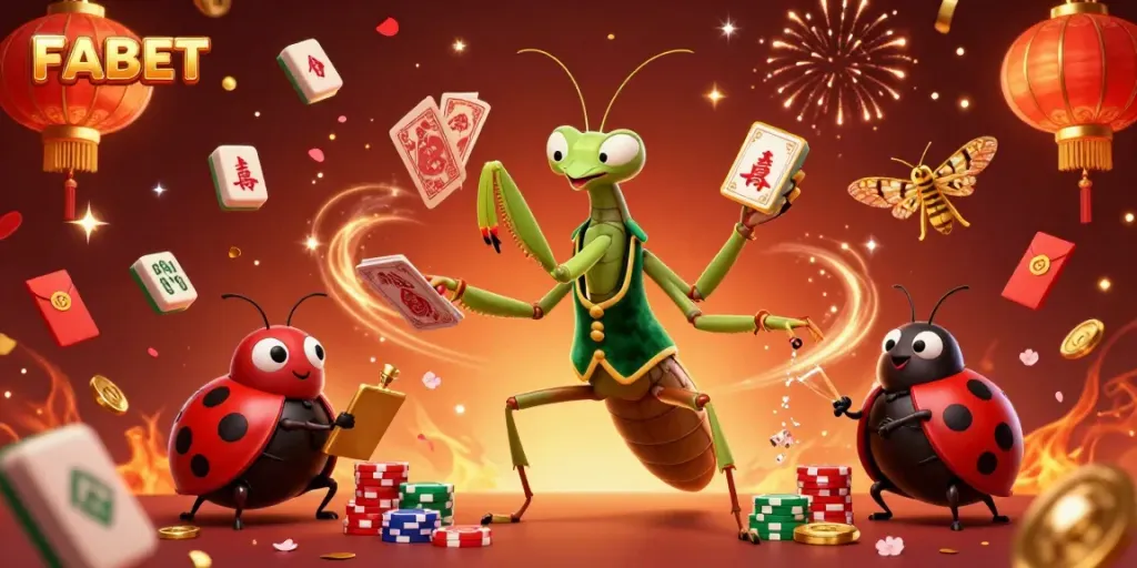 Experience thrilling moments with FABET's giant praying mantis dealer elegantly managing cards and champagne in a vibrant casino.