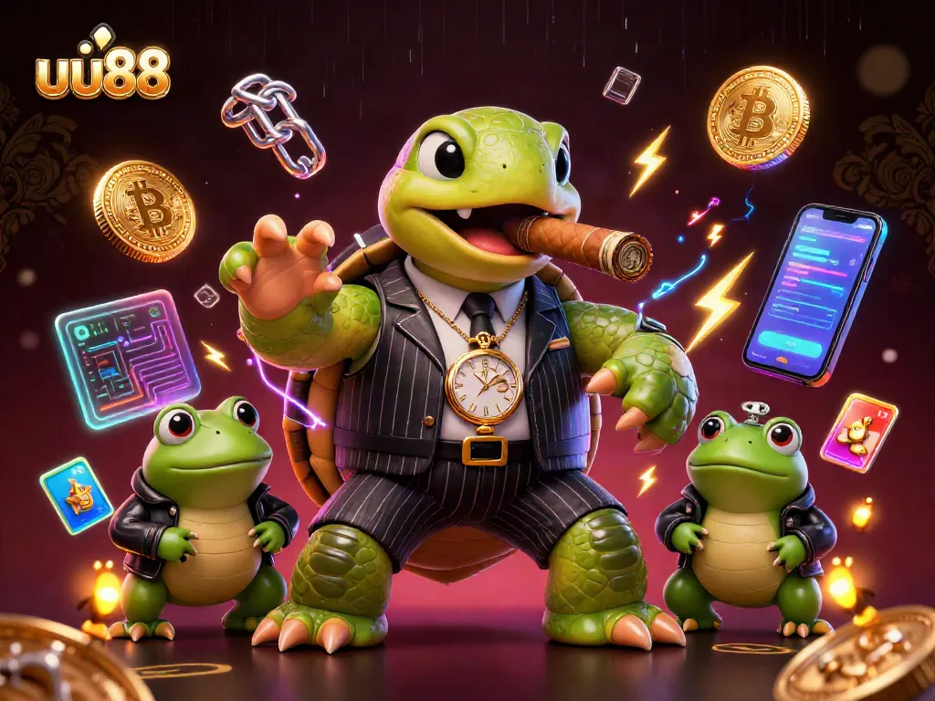 uu88 showcases an energetic 3D scene featuring a snapping turtle in a suit and bullfrog enforcers amidst casino elements.