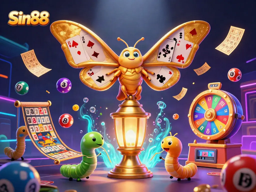 Immerse in Sin88's vibrant casino scene with golden moth, lottery elements, and dynamic gameplay