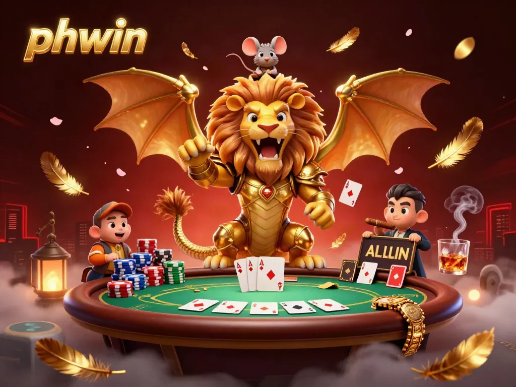 Engage in thrilling moments with PHWIN as a chimera creature and mouse jockey dominate a poker table.