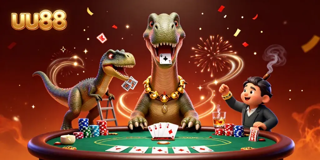 Experience thrilling casino action with uu88 as a giant dino surveys poker excitement below.