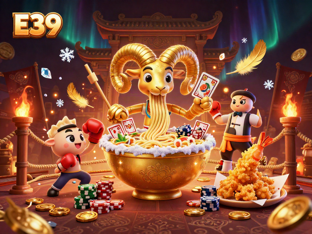 Experience the excitement at E39 with cartoon characters engaging in vibrant casino action with gold coins and cards.