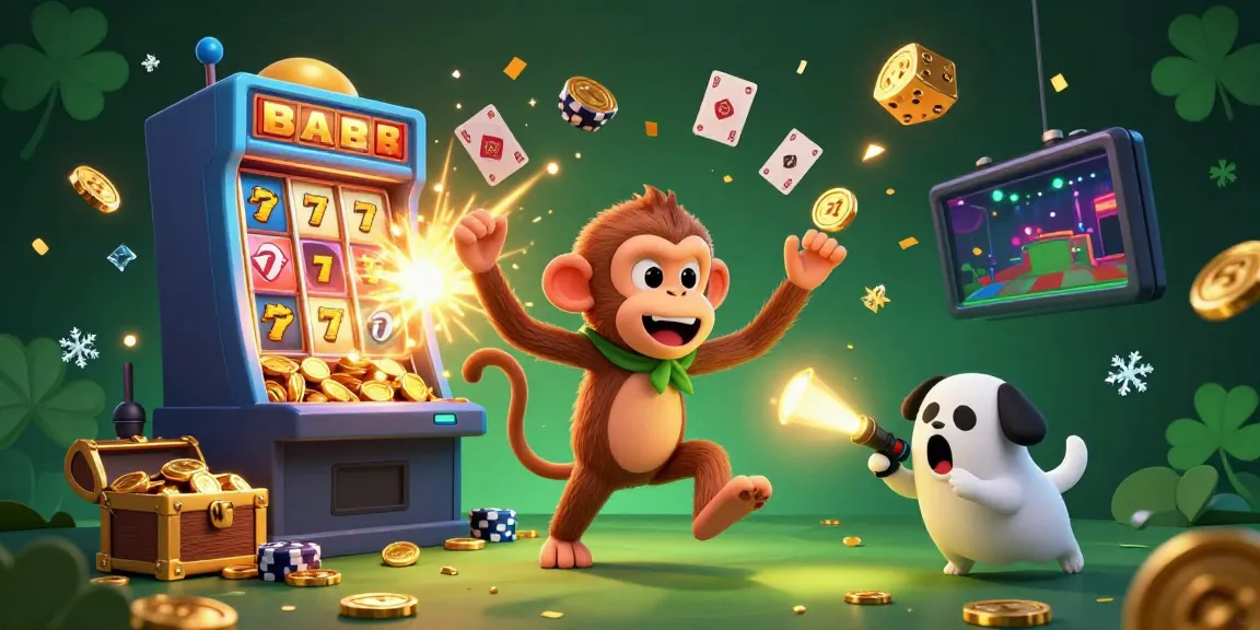Join the excitement at E39 as a mischievous monkey juggles golden casino treasures in a colorful scene.