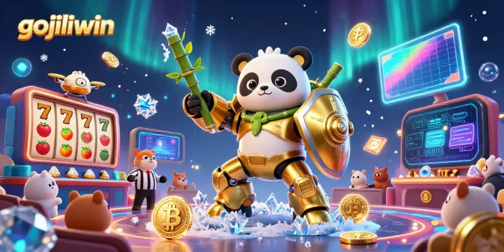 Experience the thrill of gojiliwin with a dynamic panda-bot battling in a colorful casino arena.