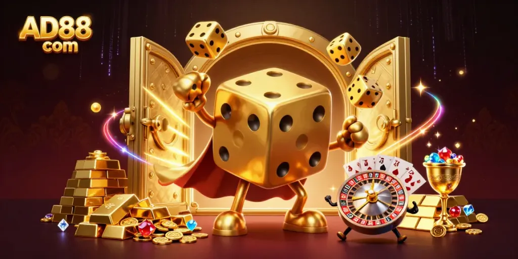 Enjoy thrilling moments at AD88 com with a vibrant 3D casino adventure illustration full of golden elements.