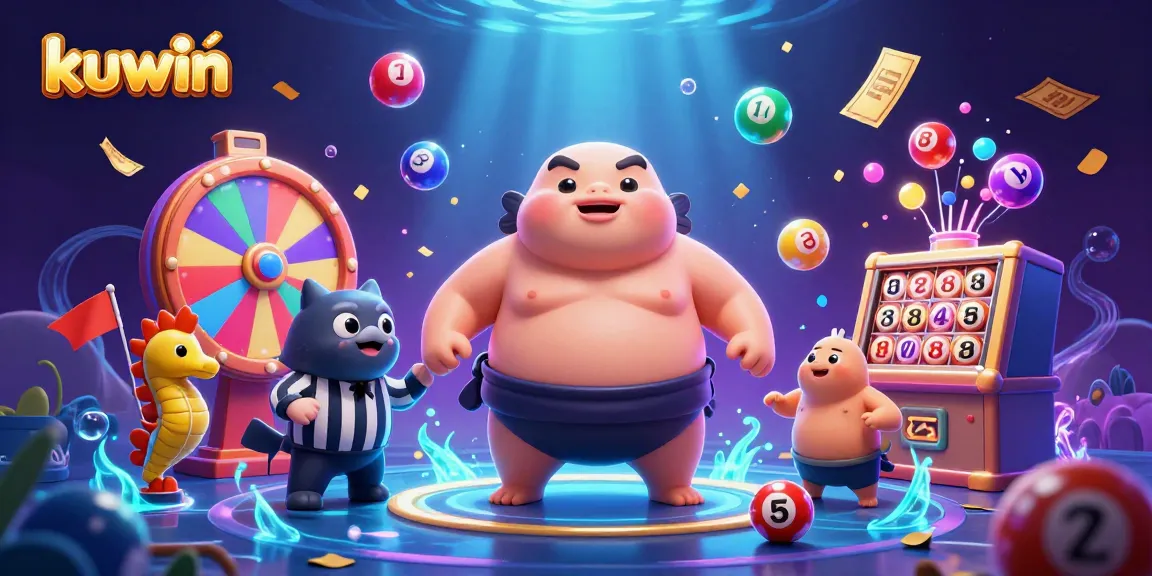 Kuwin shines as a vibrant lottery scene, featuring a giant fugu surrounded by colorful lottery balls and celebratory elements.
