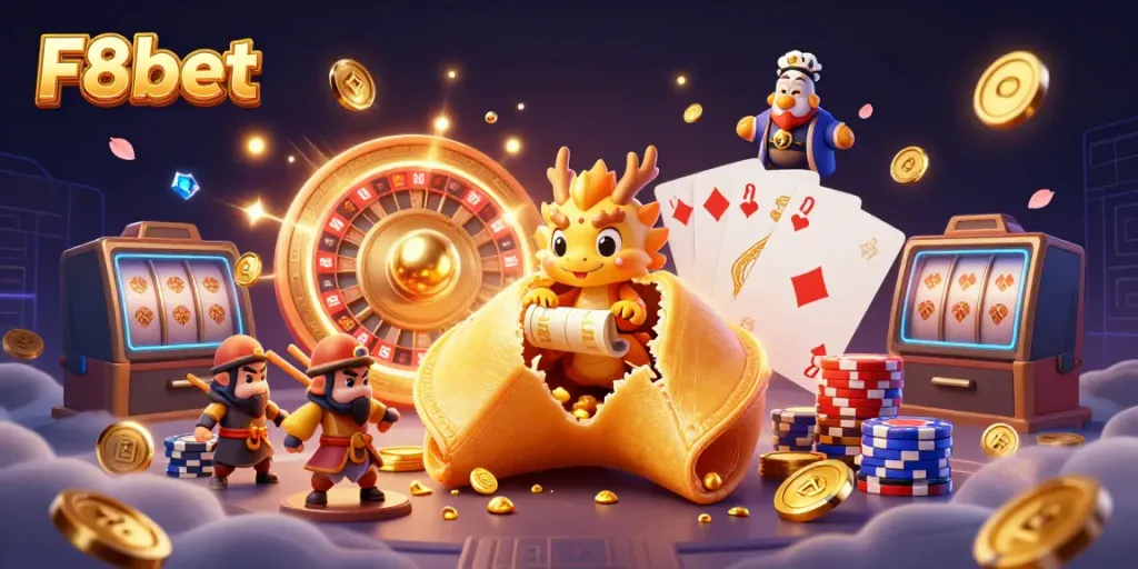 Engage with F8bet's dynamic casino experience featuring a wise dragon and golden fortune cookie.