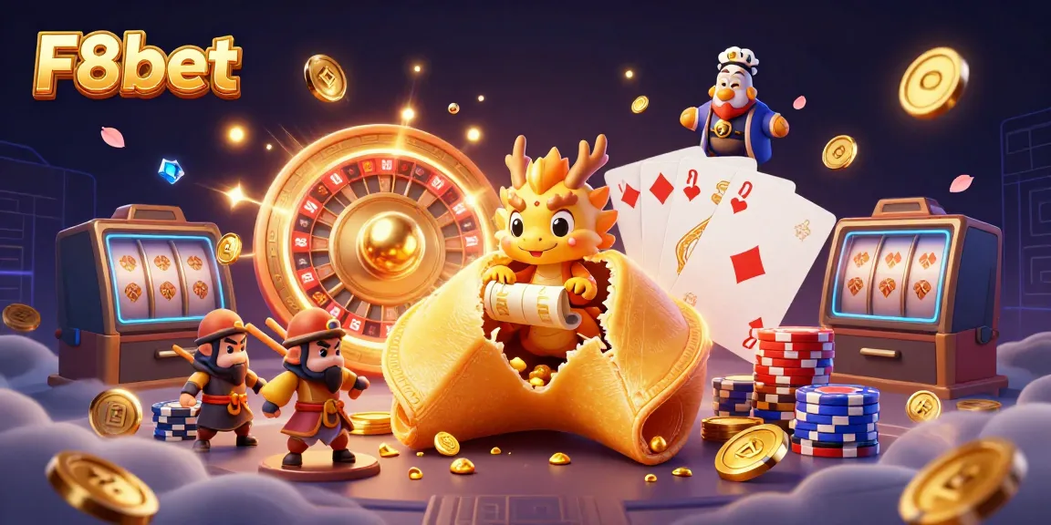 Engage with F8bet's dynamic casino experience featuring a wise dragon and golden fortune cookie.