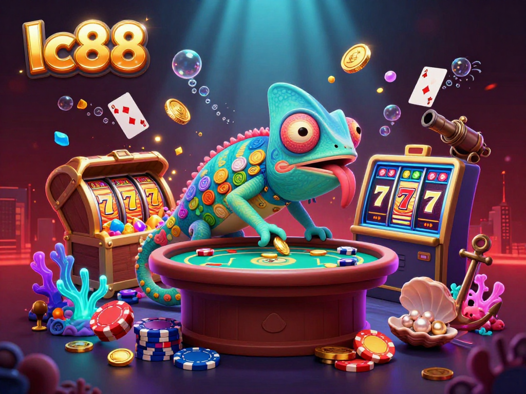 Experience exotic gaming at lc88 with the vibrant chameleon owner surrounded by thrilling slot elements.