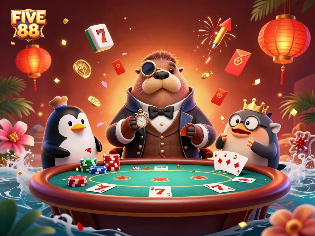 Engage with FIVE 88 at an underwater poker table, featuring a jolly walrus, dealer penguin, and bluffing pufferfish.