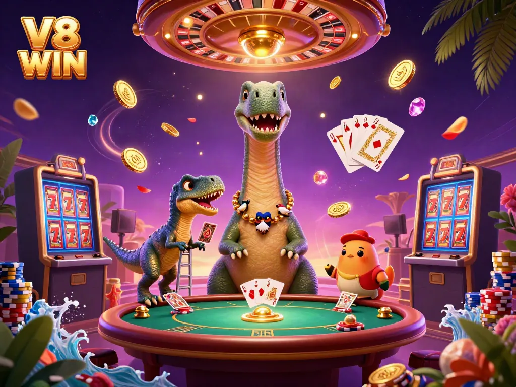 Experience V8 WIN with a whimsical casino scene featuring a towering brontosaurus and vibrant gaming elements.