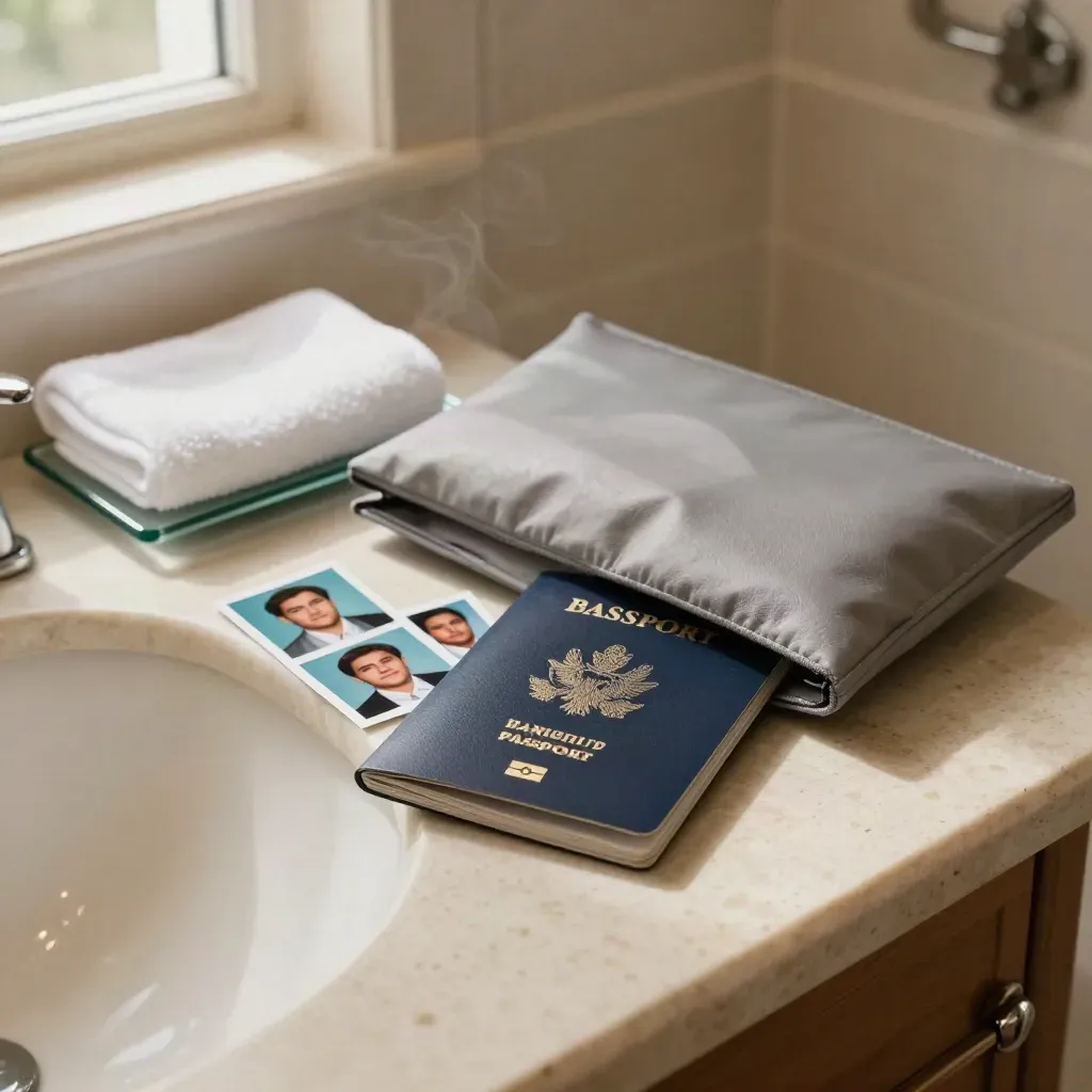 Passaporto aperto, due foto tessera e bustina opaca su lavandino d’hotel, luce calda e vapore.
