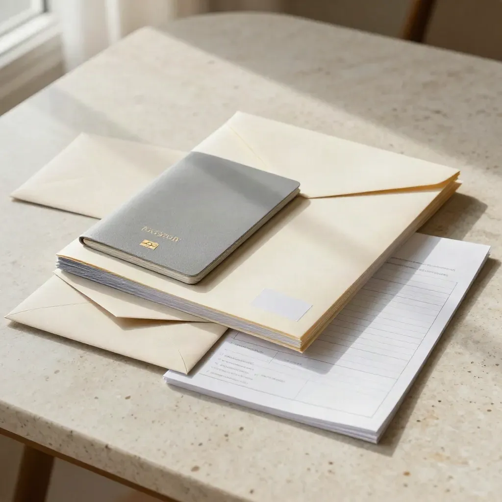 Kit per visto ordinato con passaporto, buste e copie piegate su tavolo chiaro.