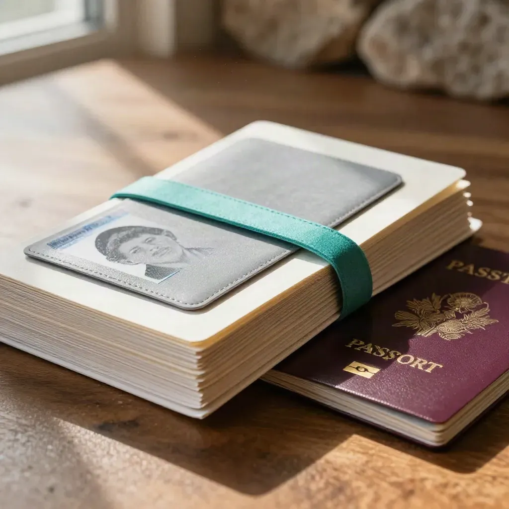 Blocchi di documenti per visto con passaporto e busta foto tessera su fondo caldo.