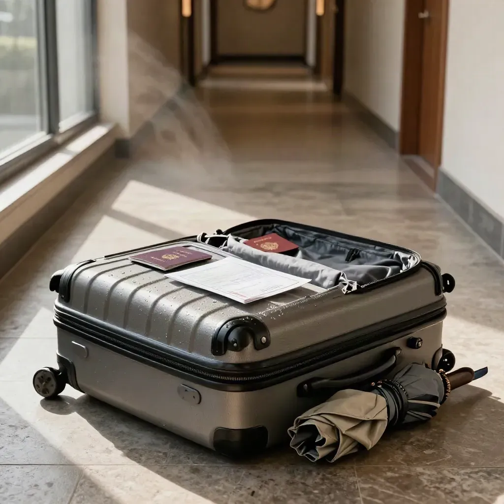 Valigia aperta in corridoio d’hotel con polizza viaggio e ombrello da borsa