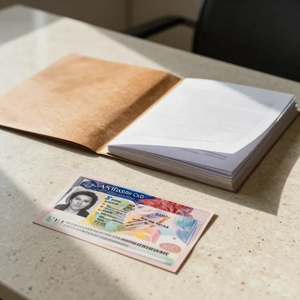 Foto tessera e copie disallineate su un tavolo di lavoro, con cartellina aperta.