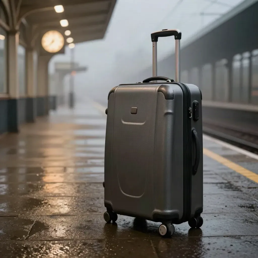 Valigia chiusa e cartella viaggio su una banchina bagnata con orologio sfocato e pioggia leggera.