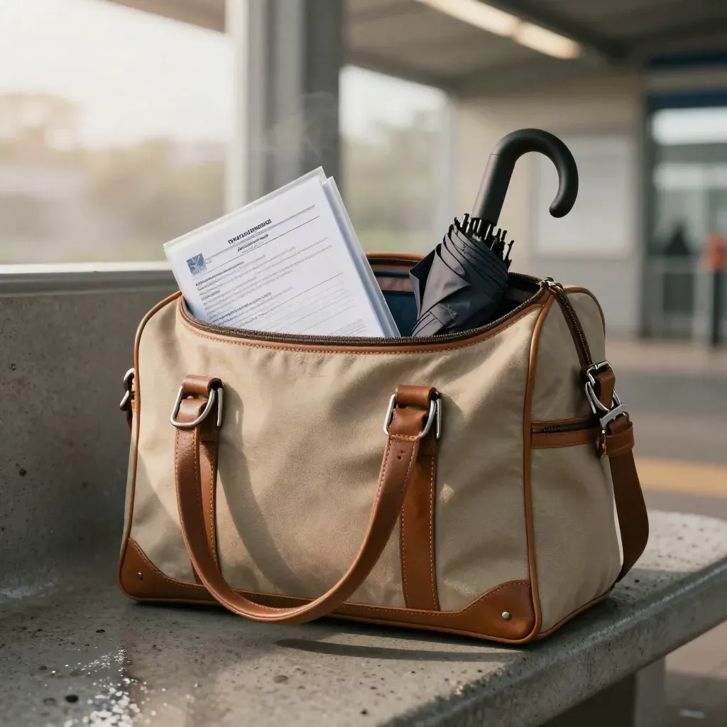 Kit assicurazione viaggio nella borsa, con astuccio medico, ombrello e documento piegato.