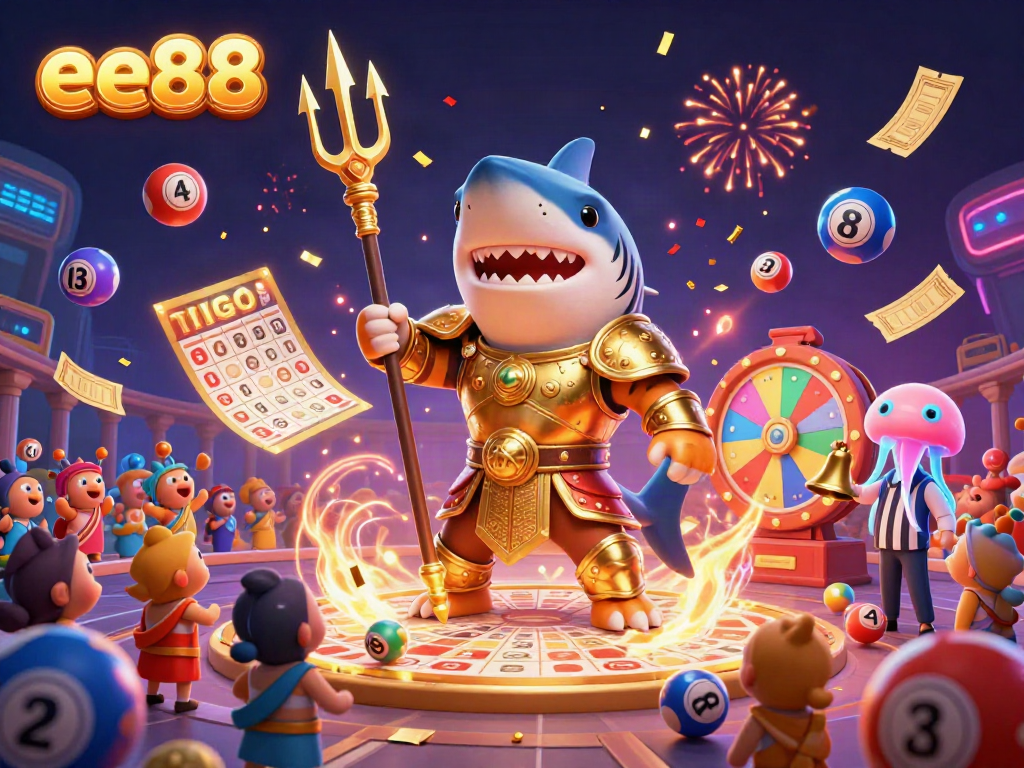 Experience thrilling games with ee88 in a vibrant underwater casino scene featuring a tiger shark.