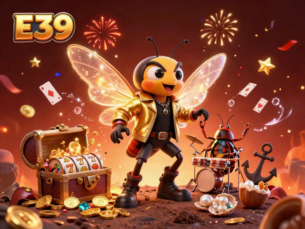 E39 celebrates with vibrant slot reels and joyous characters, creating excitement and winning energy.