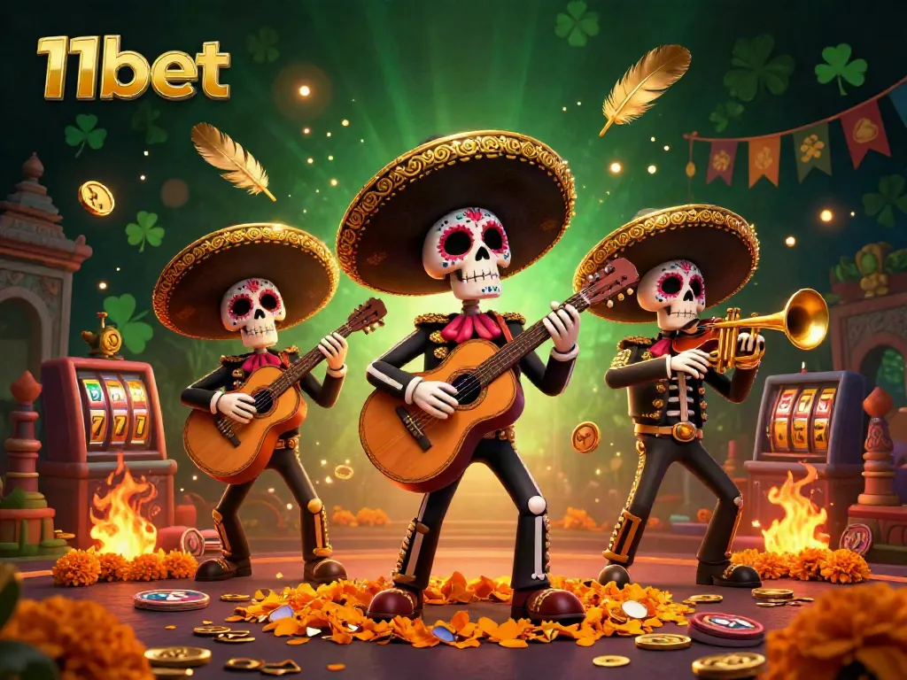 Experience thrilling casino action with 11bet's vibrant mariachi band illustration, set amidst dynamic gaming elements.