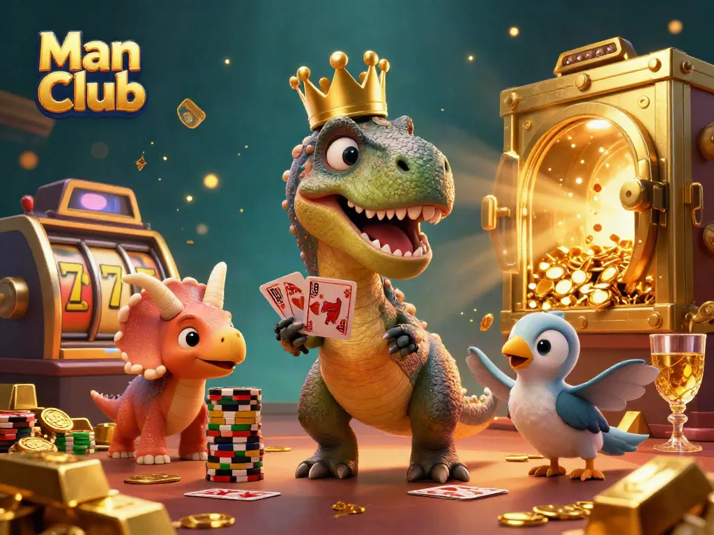 Experience thrilling gameplay at Man Club with a T-Rex shuffling cards, surrounded by dazzling casino elements.