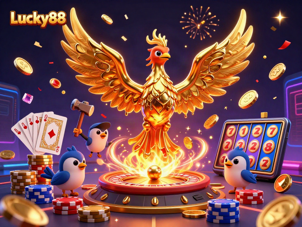 Experience the excitement of Lucky88 with a molten phoenix and gold coins in motion!