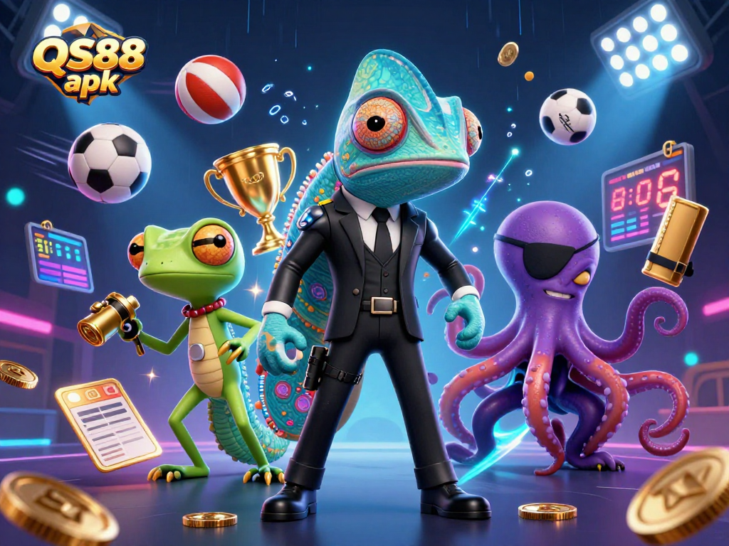 Experience QS88 apk with an exciting scene featuring colorful characters in a dynamic sports betting world.