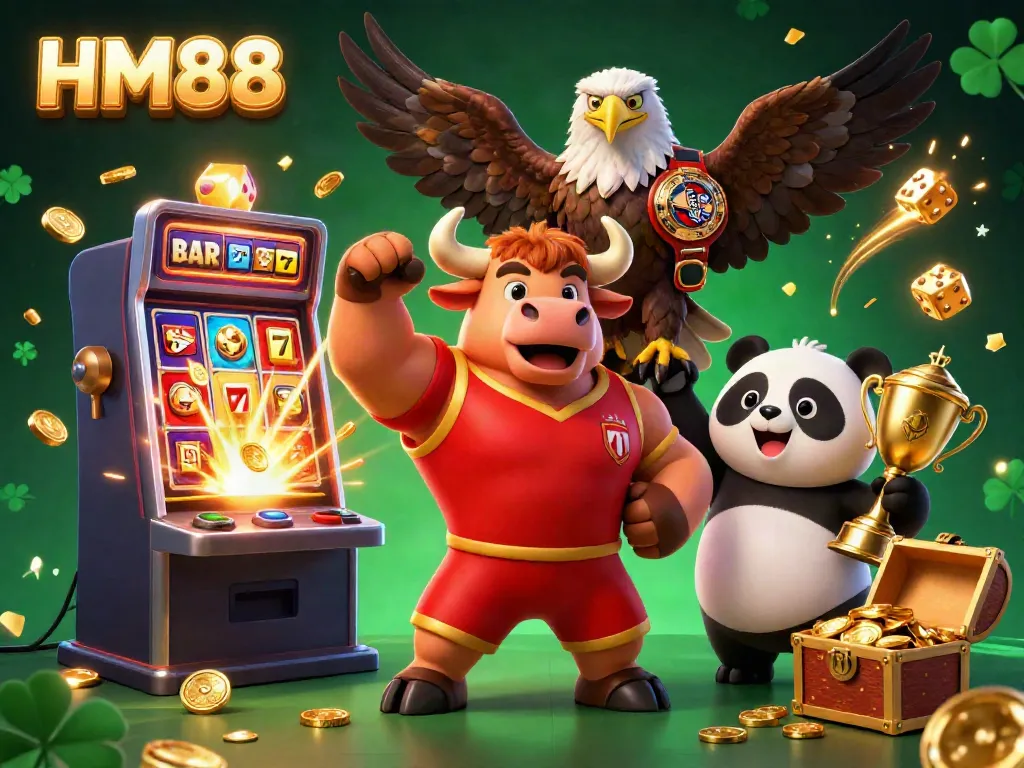 Celebrate big wins at HM88 with a 3D casino illustration featuring vibrant characters and exciting game elements.