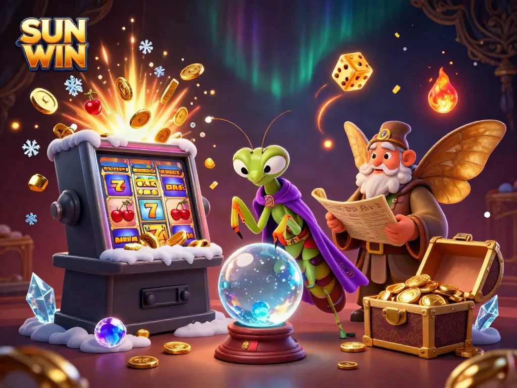 Engage with the SUN WIN slots and jackpots in a vibrant, mystical casino scene featuring fortune tellers and magical elements.