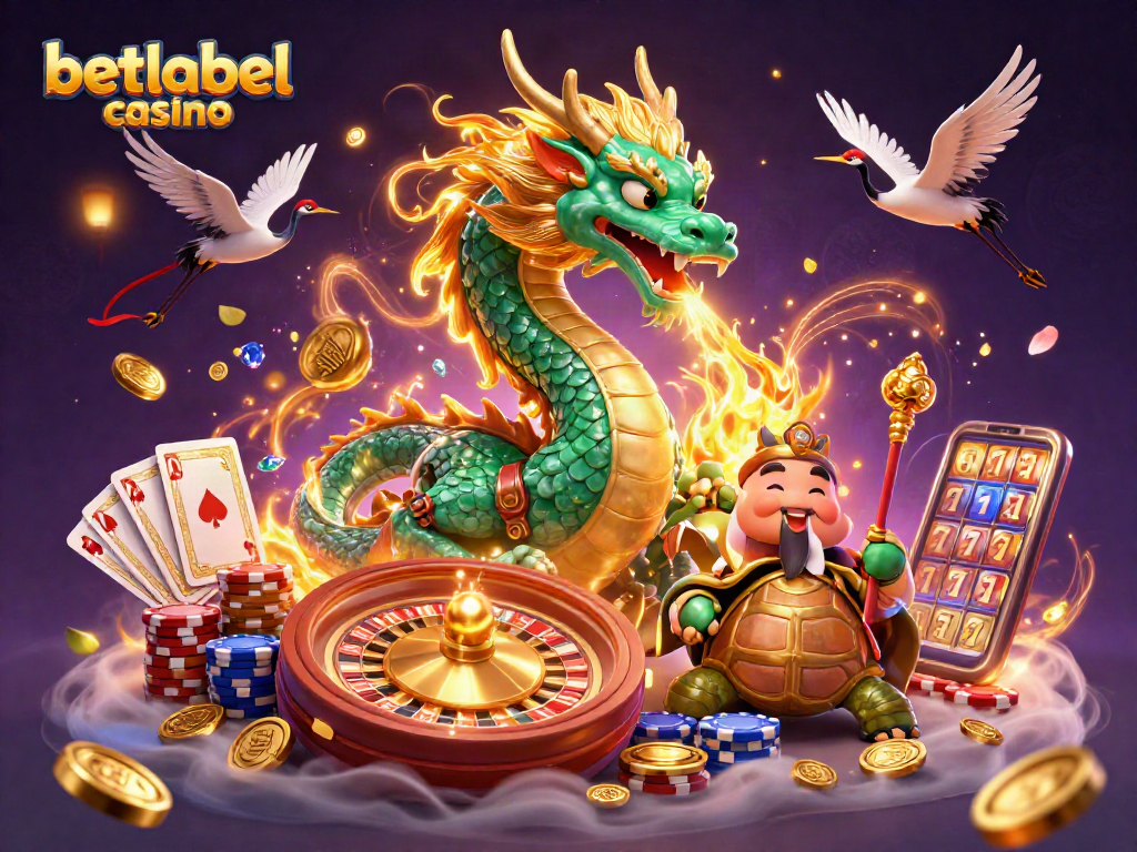Experience the thrill of betlabel casino with a vibrant scene of lucky symbols and energetic gaming.
